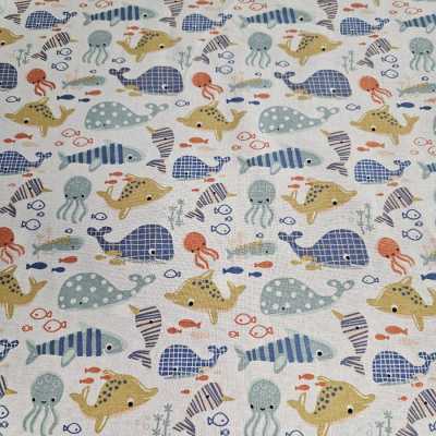 TISSUS COTON IMPRIME ANIMAUX MARIN
