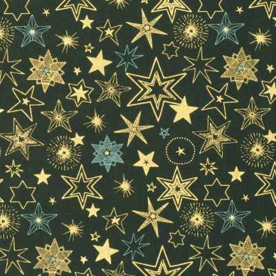 TISSUS POPELINE COTON VERT ETOILES