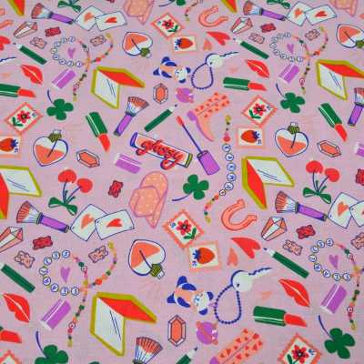 TISSUS COTON IMPRIME GIRLY VIOLET ROSE