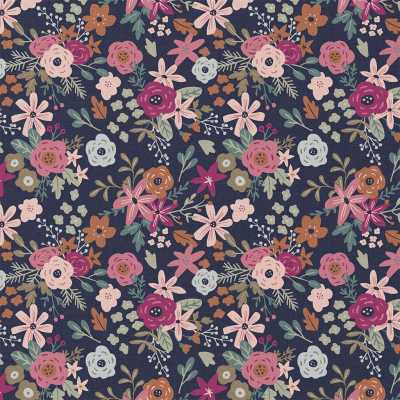 TISSUS COTON IMPRIME FLEURS BLEU MARINE ROSE