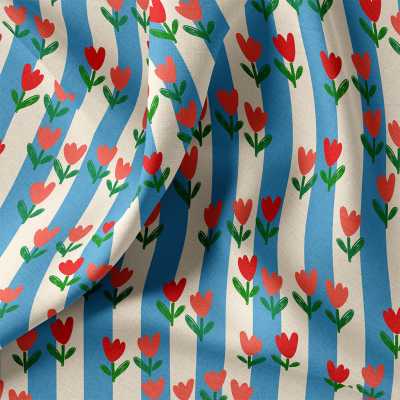 TISSUS COTON IMPRIME TULIPE BLEU / ECRU