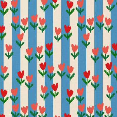 TISSUS COTON IMPRIME TULIPE BLEU / ECRU