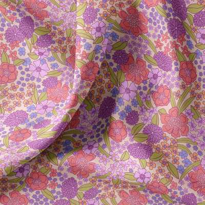 TISSUS COTON IMPRIME MYRTA VIOLET / ROSE