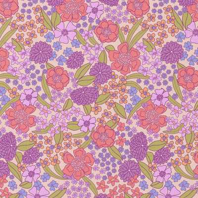 TISSUS COTON IMPRIME MYRTA VIOLET / ROSE