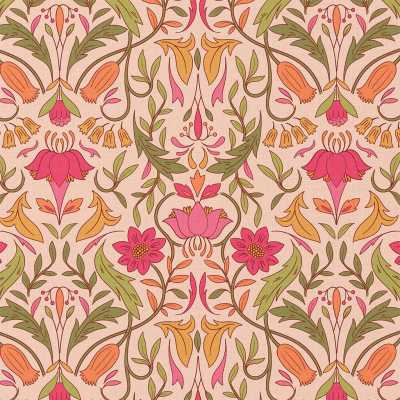 TISSUS COTON IMPRIME FLEURS PECHE / ROSE