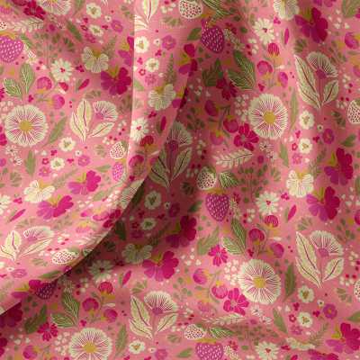 TISSUS COTON IMPRIME FLEURS ROSE / ECRU