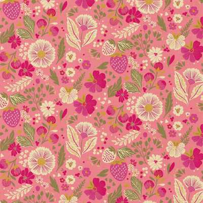 TISSUS COTON IMPRIME FLEURS ROSE / ECRU