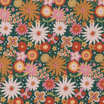 TISSUS COTON IMPRIME FLEURS VERT / ORANGE