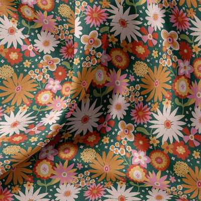 TISSUS COTON IMPRIME FLEURS VERT / ORANGE