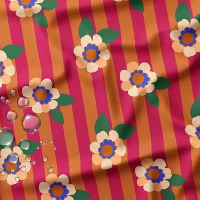 TISSUS IMPERMEABLE FLEURS ORANGE / ROSE
